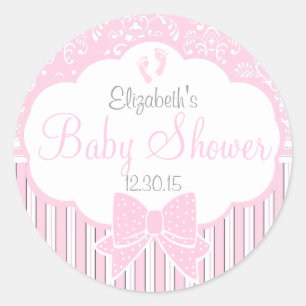 Damask, Stripes Footprints Pink Baby Shower Classic Round Sticker