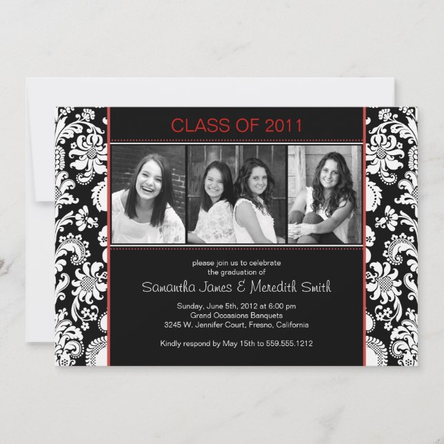 Damask Stripes Grad - Black/White/Red Invitation (Front)