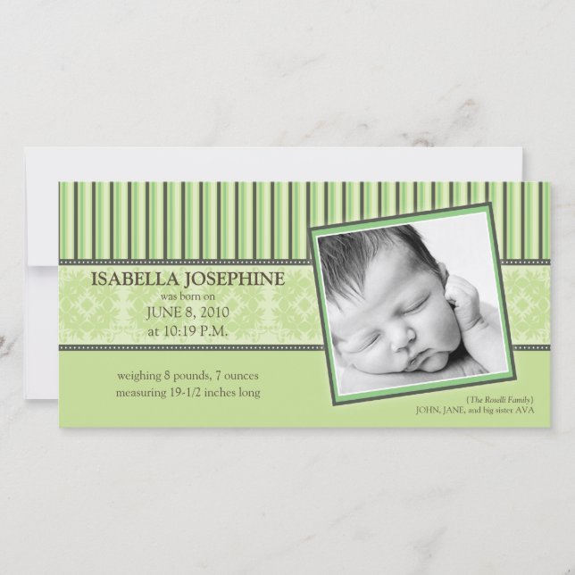 Damask & Stripes Lime Green Birth Announcement (Front)