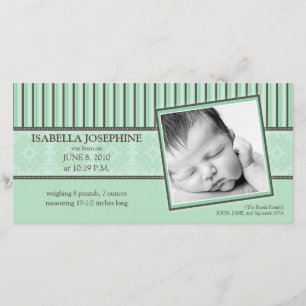 Damask & Stripes Mint Green Birth Announcement