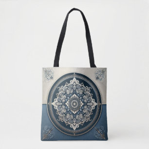 Damask Style Blue and Beige Tote Bag