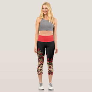 Damask Style Red and Black High Waisted Capris