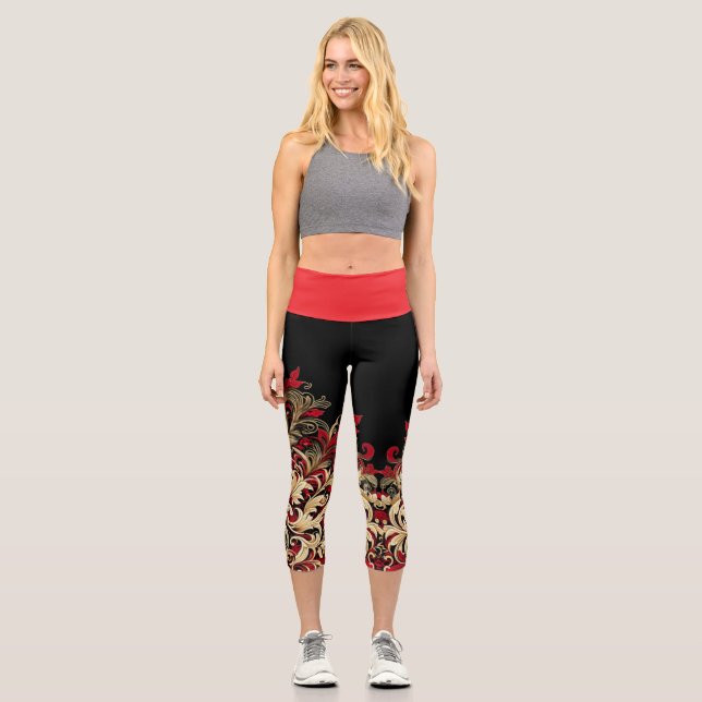 Damask Style Red and Black High Waisted Capris (Front)