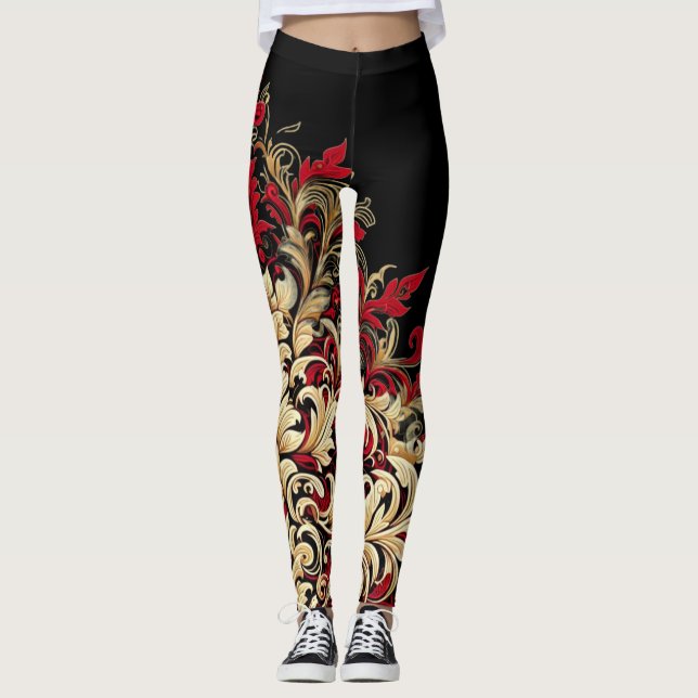 Damask Style Red and Black Leggings (Front)
