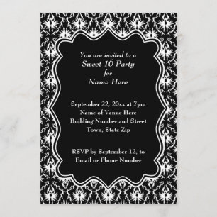 Damask Sweet 16 in Black and White. Invitation