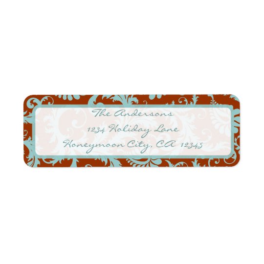 Damask Swirl Aqua Blue & Brown Address Label