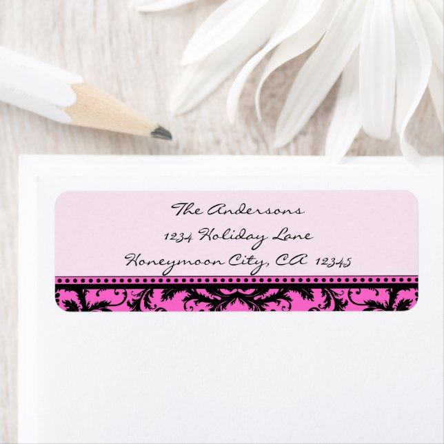 Damask Swirl Black & Bright Pink Address Labels (Insitu)