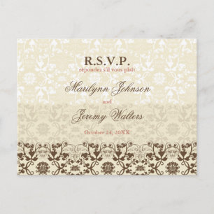 Damask Swirls Lace Coffee RSVP Wedding Postcard