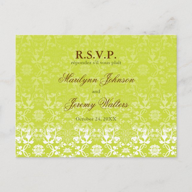 Damask Swirls Lace Lime RSVP Wedding Postcard (Front)