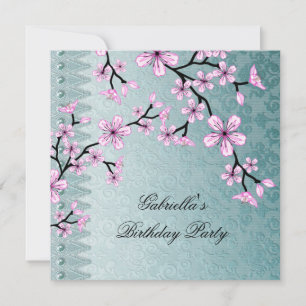 Damask Teal Blue Pink Blossom Asian Floral Party Invitation