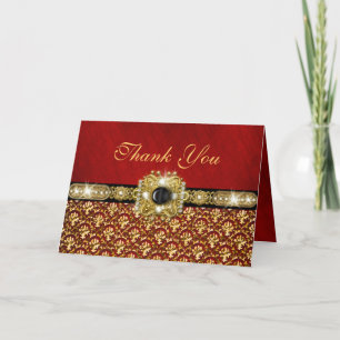 Damask "thank you" black red gold thank you card