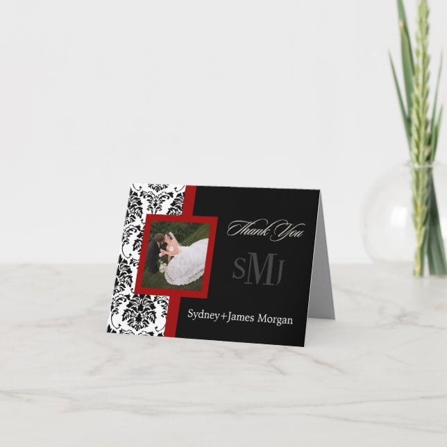 Damask Thank You Cards, wedding photos+monogram (Front)