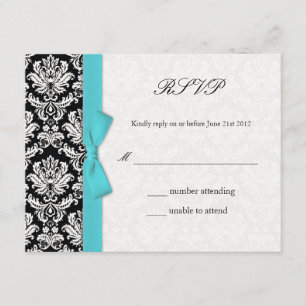 Damask Turquoise Bow Wedding RSVP Card