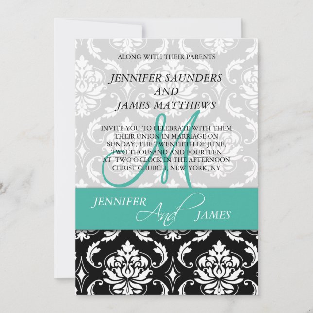 Damask Turquoise Monogram Names Wedding Invitation (Front)