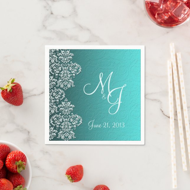Damask Turquoise Wedding Paper Napkins (Insitu)
