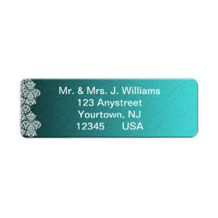 Damask Turquoise Wedding Return Address Label
