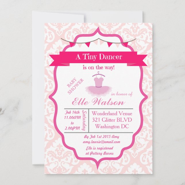 Damask Tutu Ballerina Baby Shower Invitations Aqua (Front)