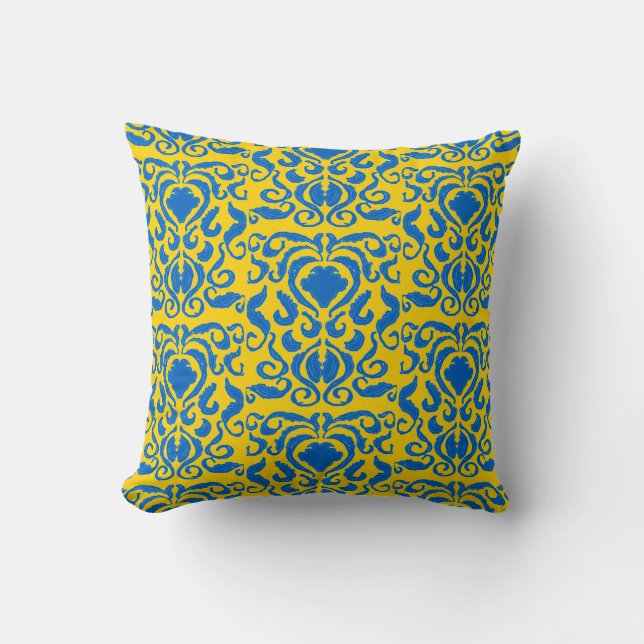 Damask Ukraine Energising Yellow Freedom Blue Cushion (Front)
