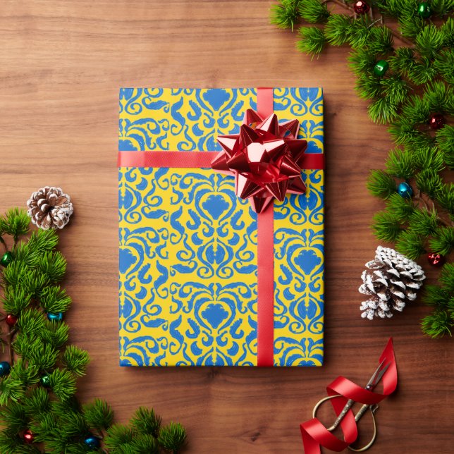 Damask Ukraine Energising Yellow Freedom Blue  Wrapping Paper (Holiday Gift)