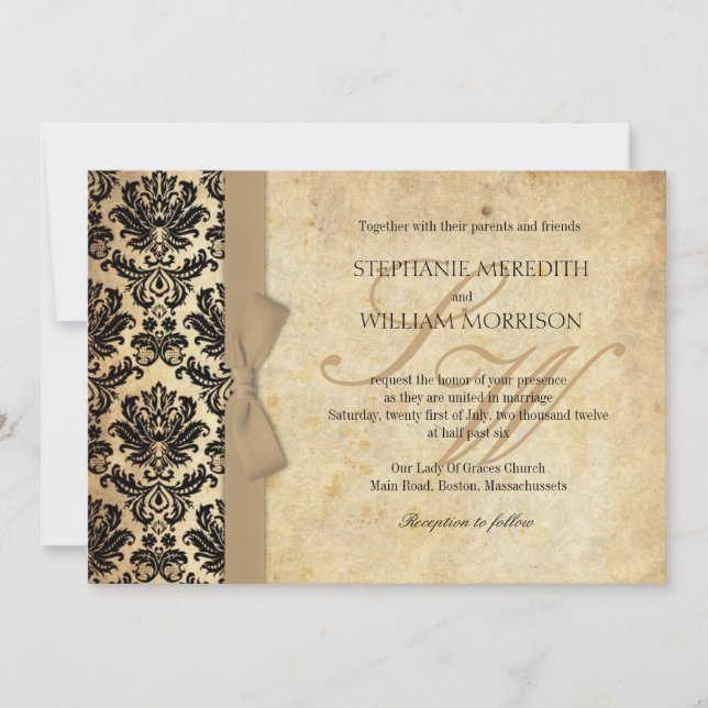 Damask Vintage Ivory Bow Wedding Invitation (Front)