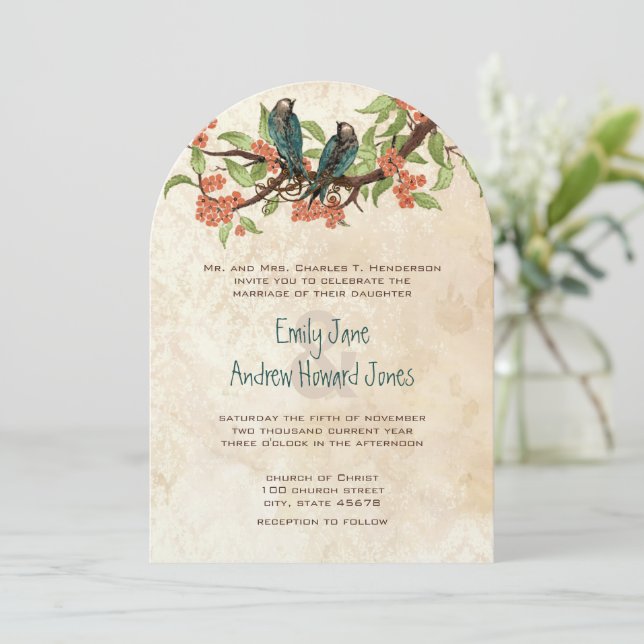 Damask Vintage Love Birds Tea Stain Wedding Invite (Standing Front)