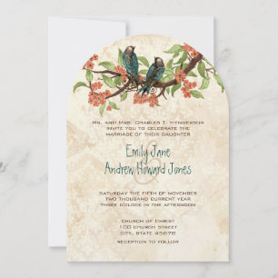 Damask Vintage Love Birds Tea Stain Wedding Invite