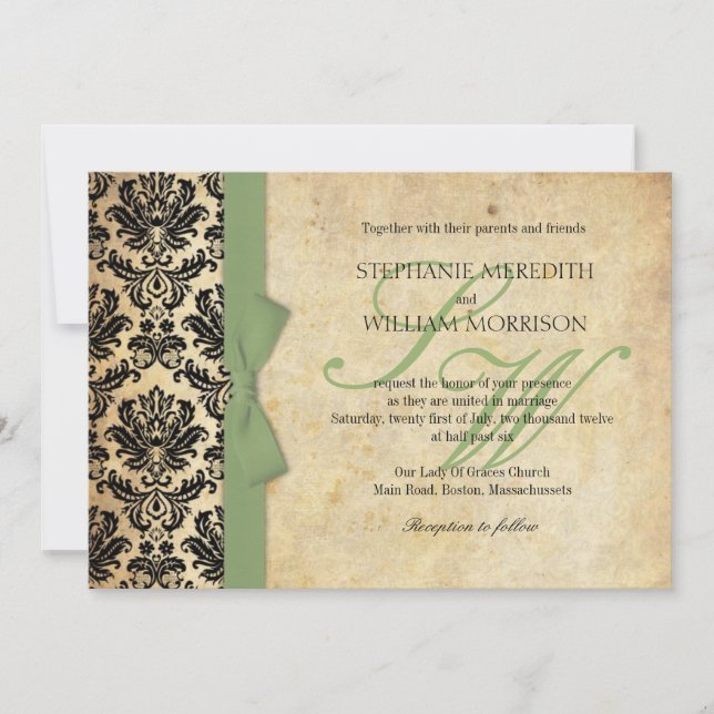 Damask Vintage Sage Bow Wedding Invitation (Front)