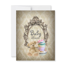 damask vintage teddy bear baby shower invitations