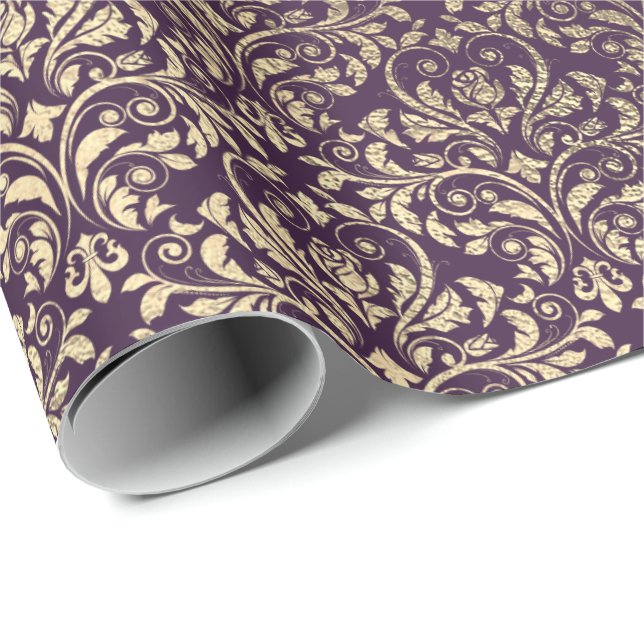 Damask Violet Purple Grape Plum Gold Metal Bride Wrapping Paper (Roll Corner)