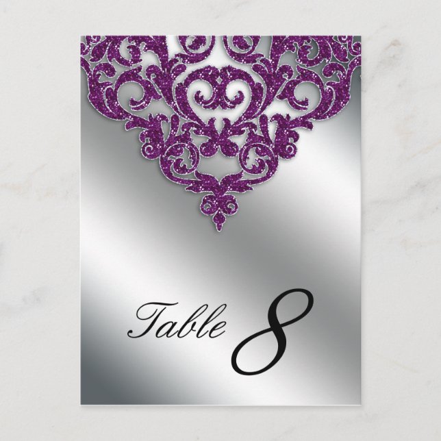 Damask Wedding Glitter Table Card Purple Silver (Front)