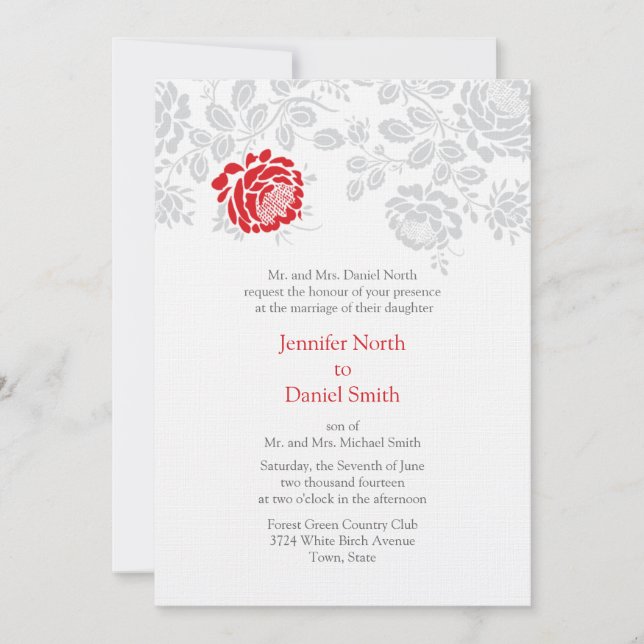 Damask Wedding Inviations Red And Grey Invitation (Front)