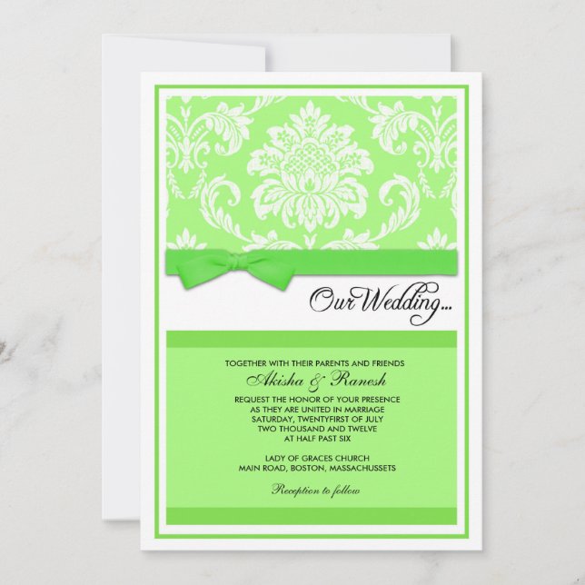 Damask Wedding Invitation in Green (Front)
