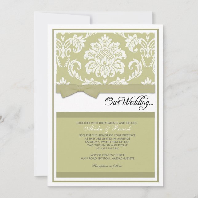 Damask Wedding Invitation in Sage (Front)
