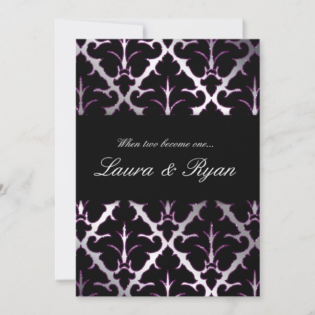 Damask Wedding Invitation Purple Sparkle Silver (Front)