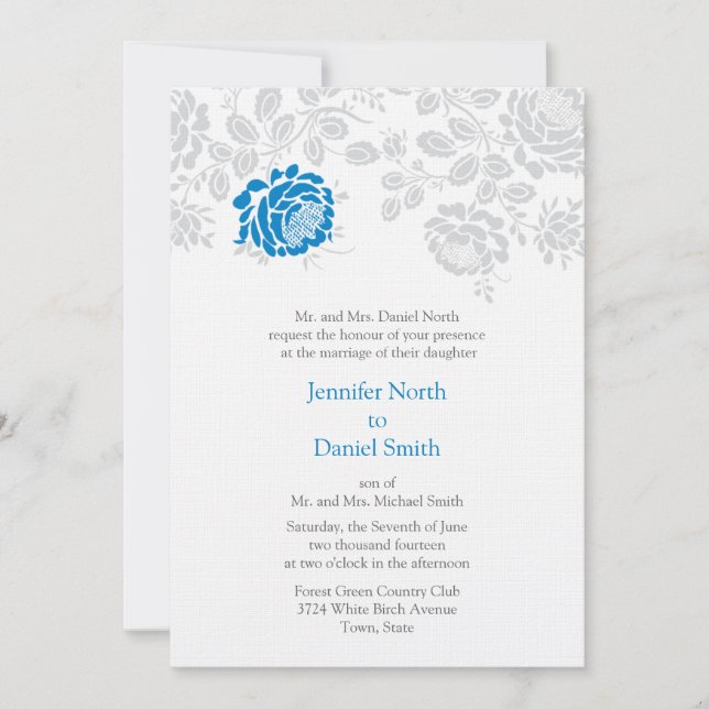 Damask Wedding Invitations Blue And Grey (Front)