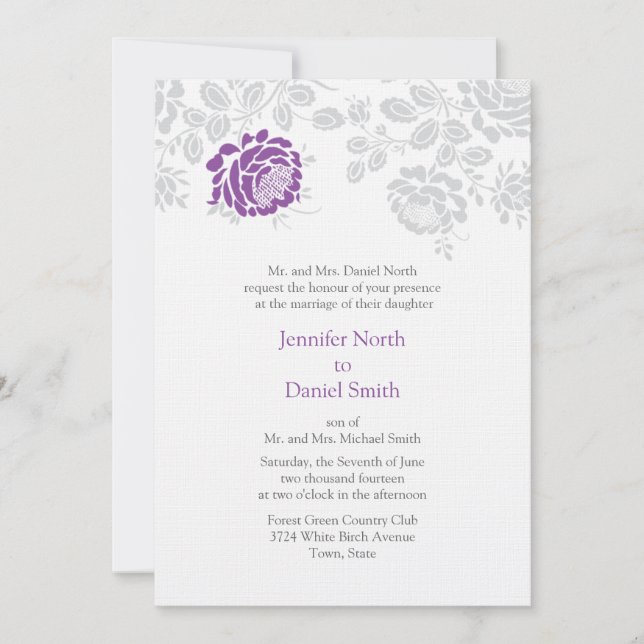 Damask Wedding Invitations Lavender And Grey (Front)