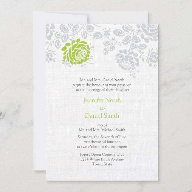Damask Wedding Invitations Lime And Grey (Front)