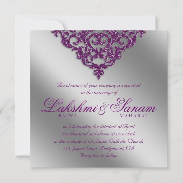 Damask Wedding Invite Sparkle Silver Purple 2 (Front)