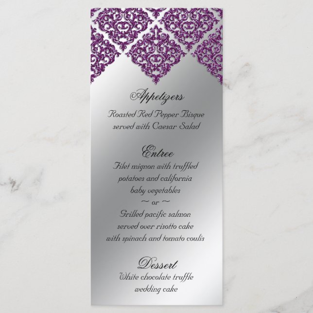 Damask Wedding Menu Cards Purple Glitter Bright (Front)