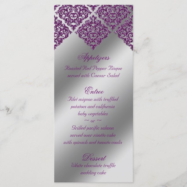 Damask Wedding Menu Cards Purple Sparkle Silver (Front)