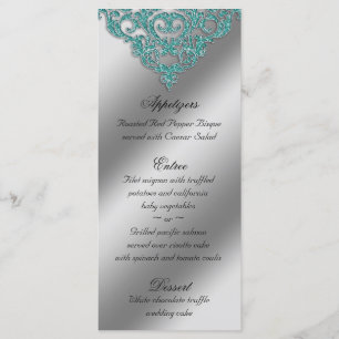 Damask Wedding Menu Cards Sparkle Teal Blue