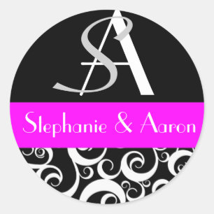 Damask Wedding Monogram in Black and Fuchsia Classic Round Sticker