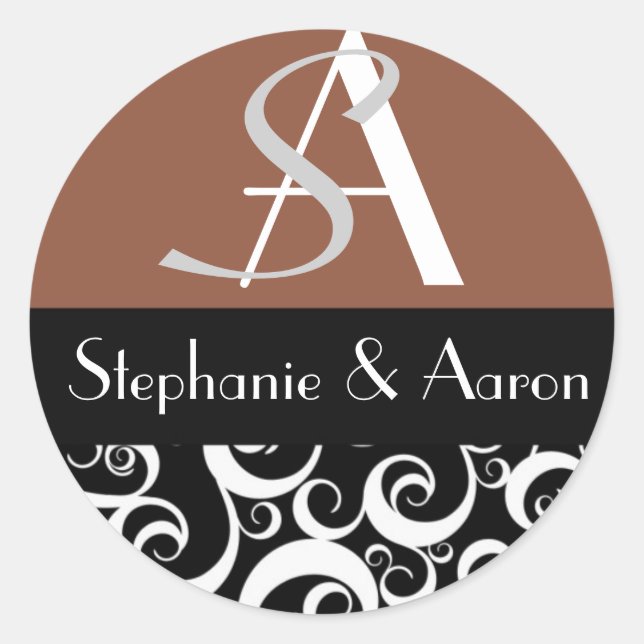 Damask Wedding Monogram in Black and Mocha Classic Round Sticker (Front)
