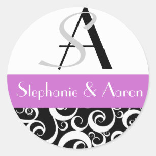 Damask Wedding Monogram in Black and Purple Classic Round Sticker