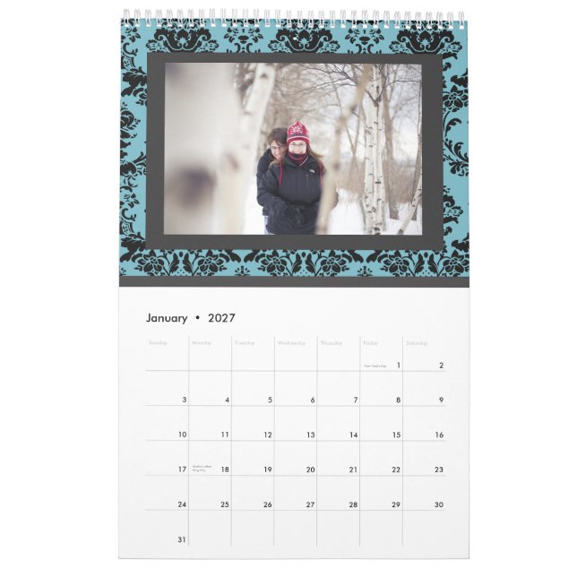 Damask Wedding Monogram Signature Photo Guestbook Calendar (Jan 2027)
