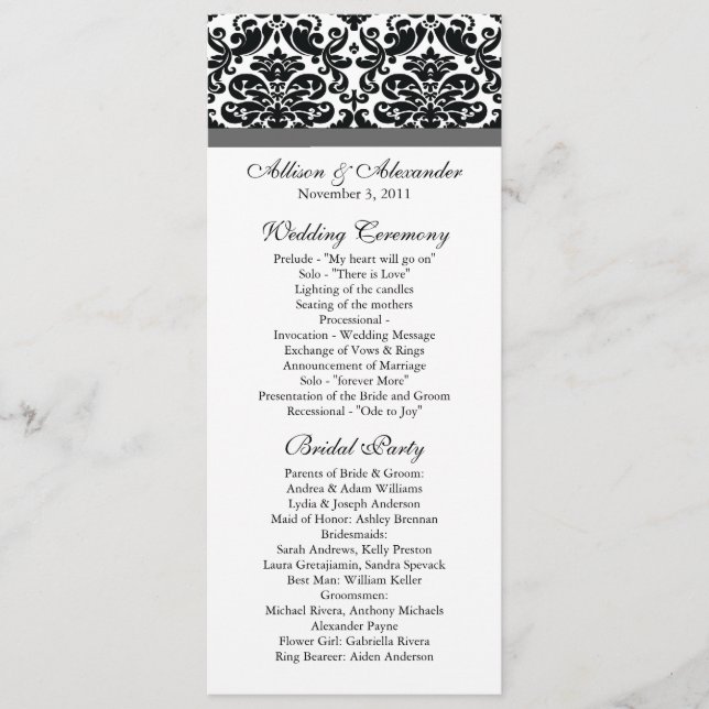 Damask Wedding Program Black & Charcoal Grey (Front)