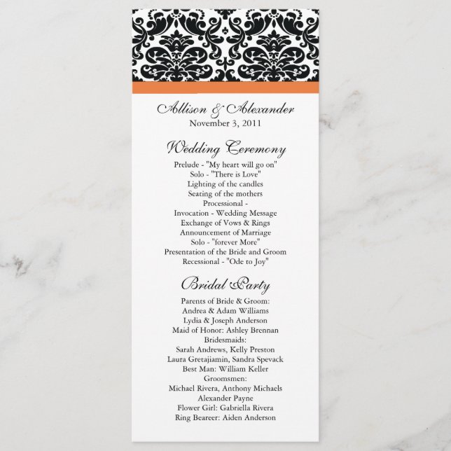 Damask Wedding Program Black & Coral Rose (Front)