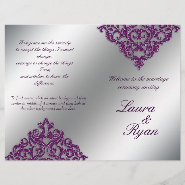 Damask Wedding Program Flyer Silver Purple Glitter (Front)