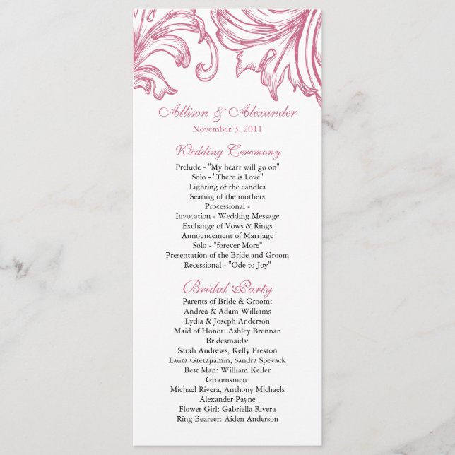 Damask Wedding Program Honeysuckle Pink (Front)