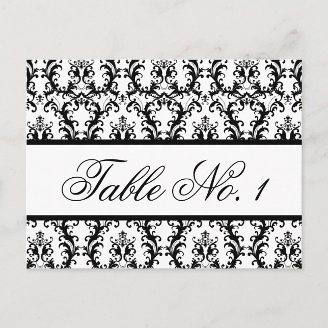 Damask Wedding Table Number Card White Black (Front)
